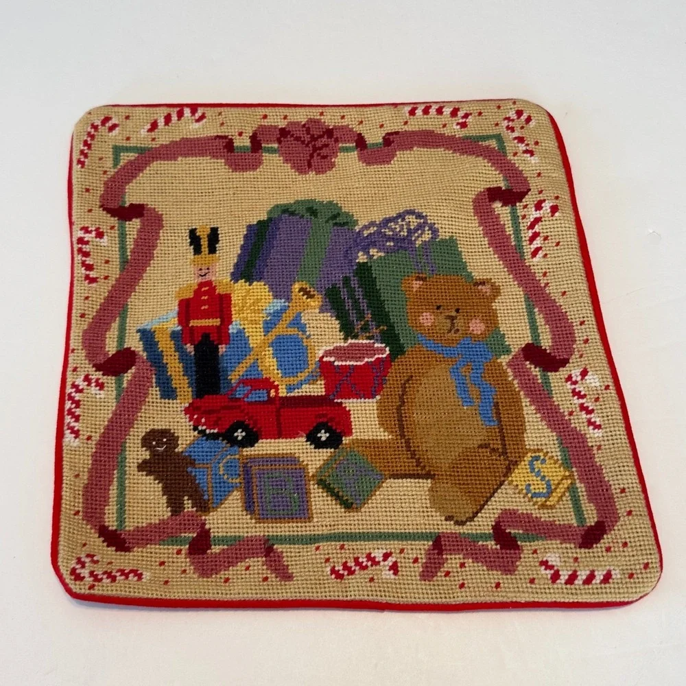 Vintage 1994 Nantucket Red Christmas Needlepoint Pillow‎ Cover 14x14 Bear Toys